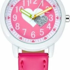 Begroting ✨ Lazy Cat Meisjes Horloge - Hartjes – Leren Bandje – Donker Roze - 👧 Girls ⌚ Watch 🧨