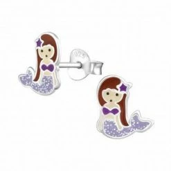 Promo ✔️ WeLoveSilver Oorbellen Meisje | Zilveren Kinderoorbellen | Zilveren Oorstekers, Zeemeermin Met Paarse Glitterstaart 🥰