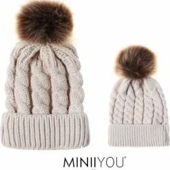 Promo 🥰 Merkloos Matching Ouder Baby (3-24 Mnd) Winter Muts Pompom - Beige 🥰