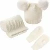 Begroting 😀 Merkloos Gebreide Set Muts Twee Pompoms Sjaal Wanten - 2-4 Jaar - Crème 🔥