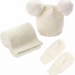 Begroting 😀 Merkloos Gebreide Set Muts Twee Pompoms Sjaal Wanten - 2-4 Jaar - Crème 🔥