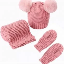 Aanbiedingen 🤩 Merkloos Gebreide Set Muts Twee Pompoms Sjaal Wanten Roze Peuter 2-4 Jaar 👍