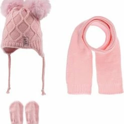 Gloednieuw ✔️ Kitti 3-Delig Winter Set | Muts (Beanie) Met Fleecevoering - Sjaal - Handschoenen | 0-18 Maanden Baby Meisjes | K22150-01-03 - Roze Pink 👍
