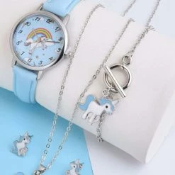 Gloednieuw 👍 Pippashop Kinderhorloge + Sieradenset Unicorn - Eenhoorn - Ketting + Armband + Oorbellen Blauw 🎉